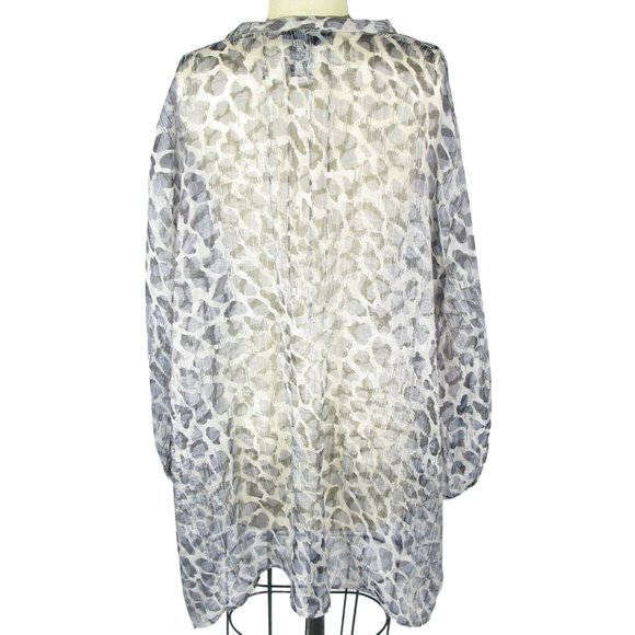 MAGGIE BARNES 3X Sheer Blue Black Ivory Animal Print Faux Pearl Button Blouse - Picture 2 of 4